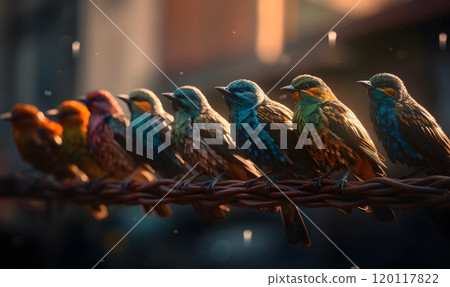 Vibrant birds perched on cable at sunset - wildlife photography for nature prints 120117822