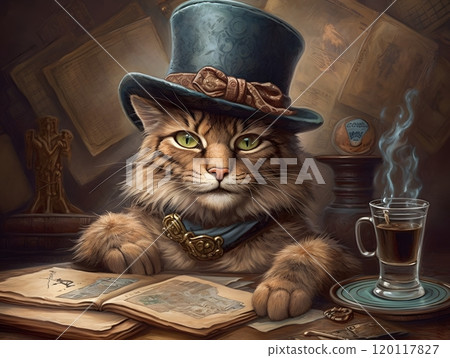 Cat in top hat and glasses: whimsical illustration for cards and posters 120117827