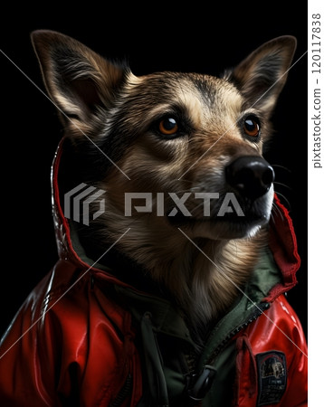 Dog in red jacket: fashion meets canine style for pet photography 120117838