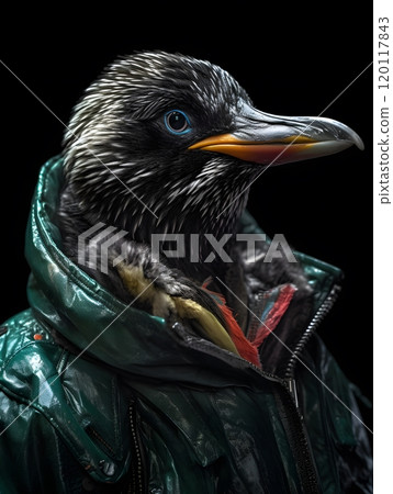 Penguin in stylish jacket: unique fashion concept for creative projects 120117843