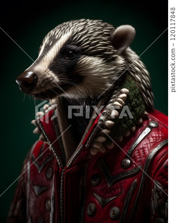 Stylish badger in red jacket inspired by wildlife photography 120117848