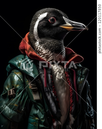 Stylish penguin in jacket unique animal portrait for fashion print 120117850