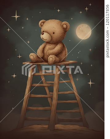 Whimsical teddy bear on a ladder under a starry night sky 120117856