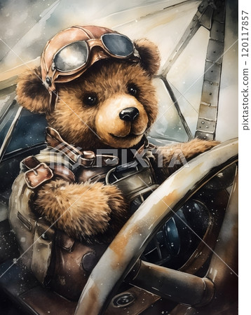 Whimsical teddy bear pilot in vintage airplane watercolor illustration for cards or posters Whimsical teddy bear pilot in vintage airplane watercolor illustration for cards or posters 120117857