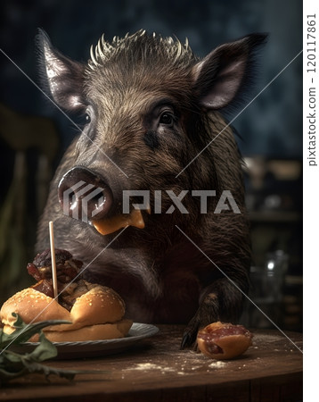 Wild boar enjoying a hamburger - unique animal behavior concept Wild boar enjoying a hamburger - unique animal behavior concept 120117861