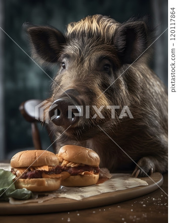 Wild boar enjoying burgers - unique animal dining concept 120117864