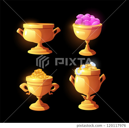 Award trophy gold cups with jewelry, gold coins, gemstones vector icon set, game victory winner prize treasures goblet 120117976