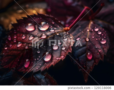 Close-up of water droplets on autumn leaf for nature-inspired design 120118006