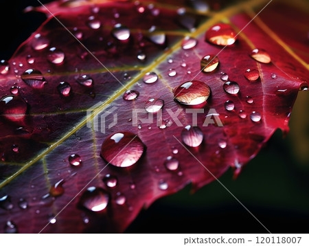 Close-up of water droplets on leaf in vivid colors for nature posters and prints 120118007