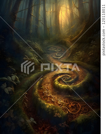Enchanted forest pathway in mystical light for fantasy art posters 120118011