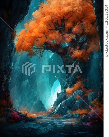 Enchanting autumn tree in mystical mountain landscape for fantasy art Enchanting autumn tree in mystical mountain landscape for fantasy art 120118014