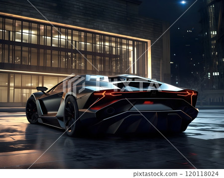 Sleek black sports car at night in urban setting for modern design projects 120118024