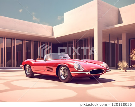 Classic red sports car parked in front of modern architecture design for posters 120118036