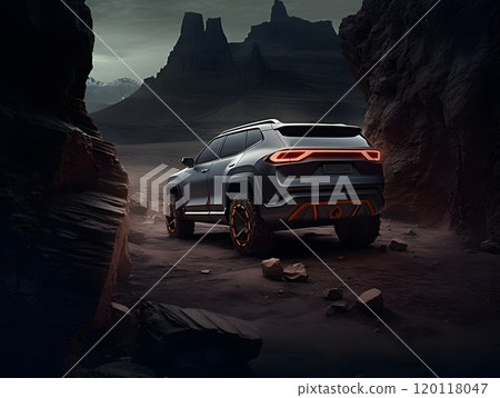 Futuristic suv in rocky mountain landscape for matte painting concepts 120118047