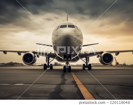 Large jetliner on airport runway at sunset for aviation and travel themes 120118048