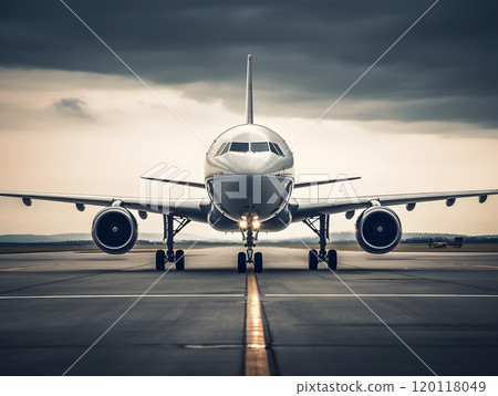 Large jetliner on airport runway during cloudy day for aviation and travel themes 120118049