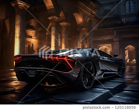 Luxurious black sports car in elegant architectural setting for automotive design and lifestyle Luxurious black sports car in elegant architectural setting for automotive design and lifestyle 120118050