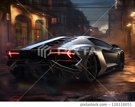Luxury black sports car at night in urban setting for automotive design Luxury black sports car at night in urban setting for automotive design 120118051