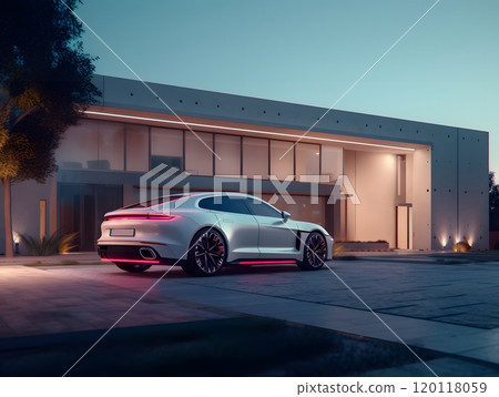 Modern white car parked in front of elegant contemporary building at dusk Modern white car parked in front of elegant contemporary building at dusk 120118059