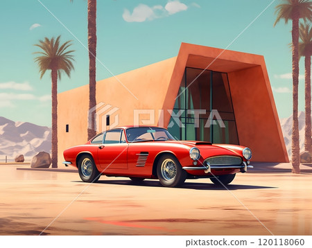 Retro red sports car in desert front of modern architecture for automotive design inspiration 120118060