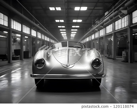 Vintage car detail in factory setting - black and white automotive photography Vintage car detail in factory setting - black and white automotive photography 120118074