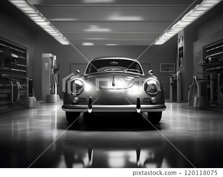 Vintage car in dimly lit garage showcasing classic automotive elegance 120118075
