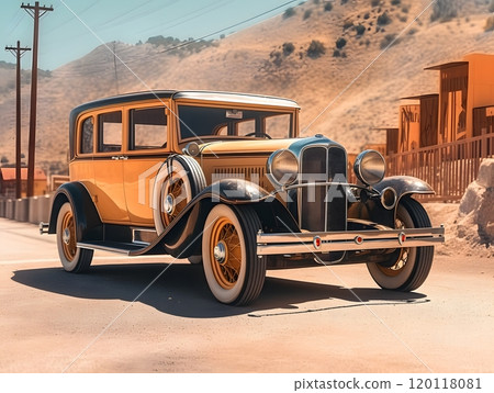 Vintage car parked roadside with scenic hillside background for retro design and print 120118081