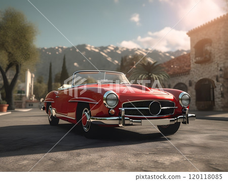 Vintage red car on sunny day near rustic cinema setting 120118085