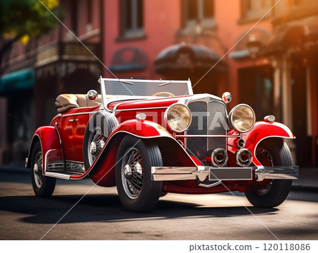 Vintage red car on urban street - classic automotive elegance for design and decoration Vintage red car on urban street - classic automotive elegance for design and decoration 120118086