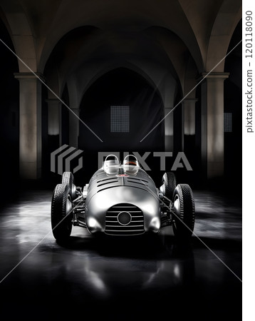 Vintage silver race car in black and white photo for automotive history fans 120118090