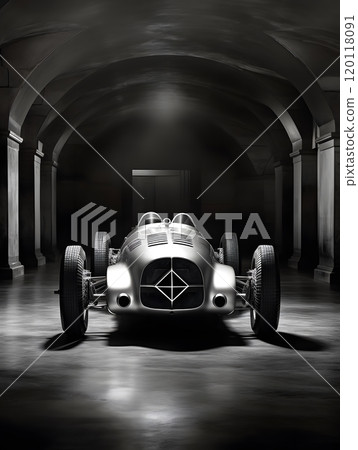 Vintage silver race car in black and white under gothic archway retro motorsport design inspiration 120118091