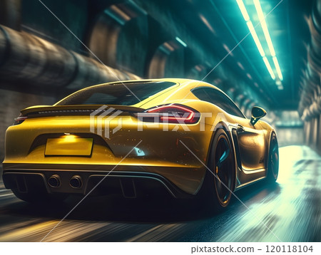 Yellow sports car speeding through tunnel - dynamic 3d rendering for automotive design Yellow sports car speeding through tunnel - dynamic 3d rendering for automotive design 120118104