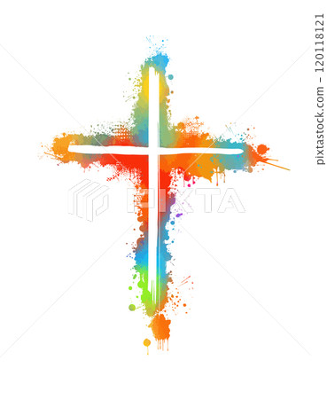 Christian cross vector. Colored blotted cross. hand drawn. Not AI, Vector 120118121