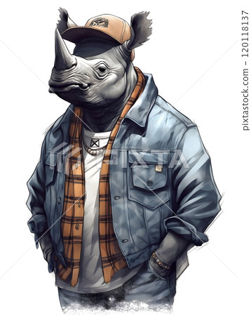 Anthropomorphic rhino in hat and scarf: unique fashion illustration for design 120118137