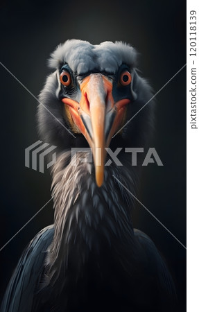 Close-up portrait of a bird with prominent beak and intense gaze for nature photography 120118139