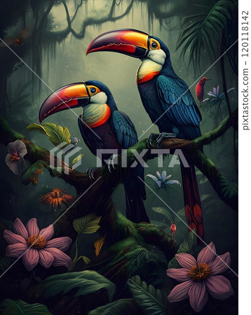 Colorful toucans perched in vibrant jungle setting Colorful toucans perched in vibrant jungle setting 120118142