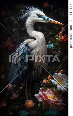 Elegant heron with colorful floral surround in nature-inspired art 120118147