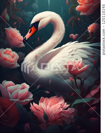 Elegant swan amidst blooming roses - nature's graceful artwork for decor and design 120118148