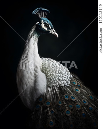 Elegant white peacock against black background for realistic photography 120118149