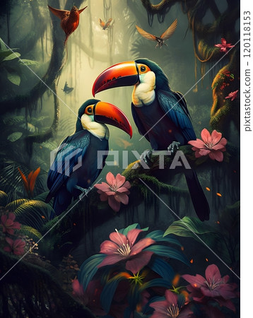 Exotic toucans perched on jungle tree branch amid lush flora 120118153