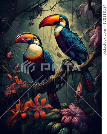 Exotic toucans perched on vibrant jungle branch - nature photography for wall art and decor 120118154
