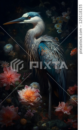 Exquisite bird among vibrant blooms: nature's harmony in detailed art 120118155
