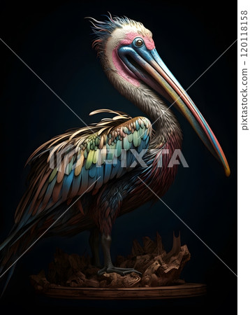 Fantasy pelican art: vibrant, detailed illustration of colorful bird for design and decor 120118158