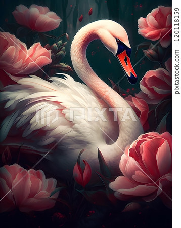 Graceful swan amidst blooming flowers - perfect for art prints and posters Graceful swan amidst blooming flowers - perfect for art prints and posters 120118159