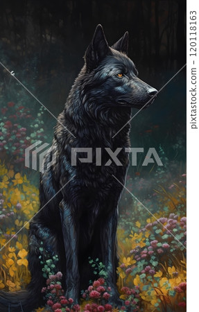 Majestic black wolf in forest meadow at twilight 120118163