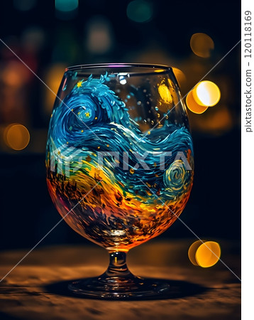Artistic painted wine glass with vibrant night sky design for elegant dining decor 120118169