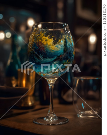 Artistic wine glass with intricate abstract painting for creative decor 120118170