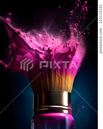 Dynamic burst of vibrant pink powder from makeup brush - perfect for cosmetics and beauty design 120118181