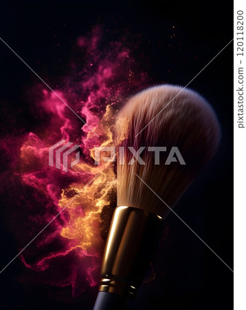 Vibrant makeup brush with colorful powder explosion for beauty and cosmetic art Vibrant makeup brush with colorful powder explosion for beauty and cosmetic art 120118200