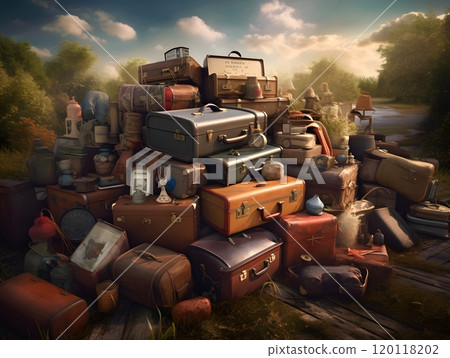 Vintage luggage and assorted items in a scenic outdoor setting for travel inspiration Vintage luggage and assorted items in a scenic outdoor setting for travel inspiration 120118202